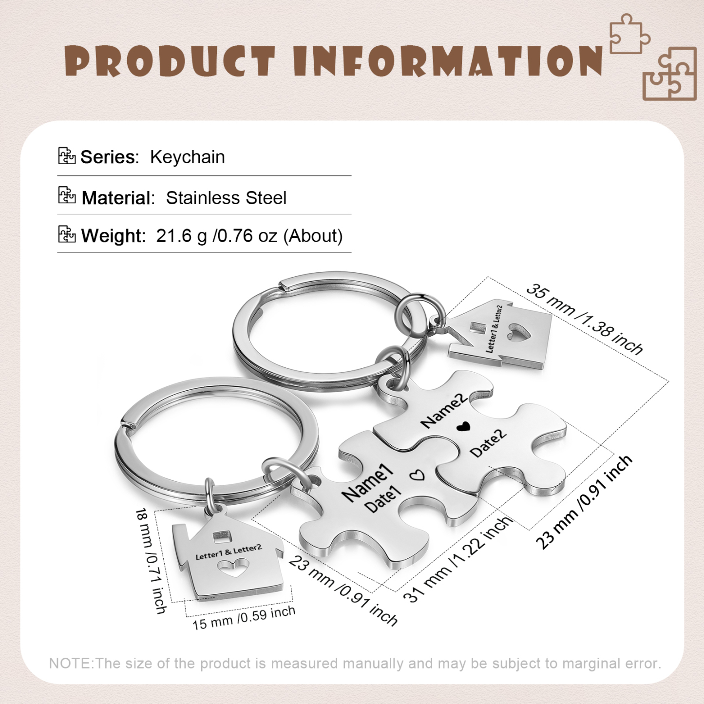 2 PCS Couple Keychain Set Custom 2 Names & 2 Letters & Date Keyring Puzzle Keychain Valentine's Day Personalised Gift for Him/Her-Jessemade AU