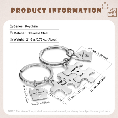 2 PCS Couple Keychain Set Custom 2 Names & 2 Letters & Date Keyring Puzzle Keychain Valentine's Day Personalised Gift for Him/Her-Jessemade AU
