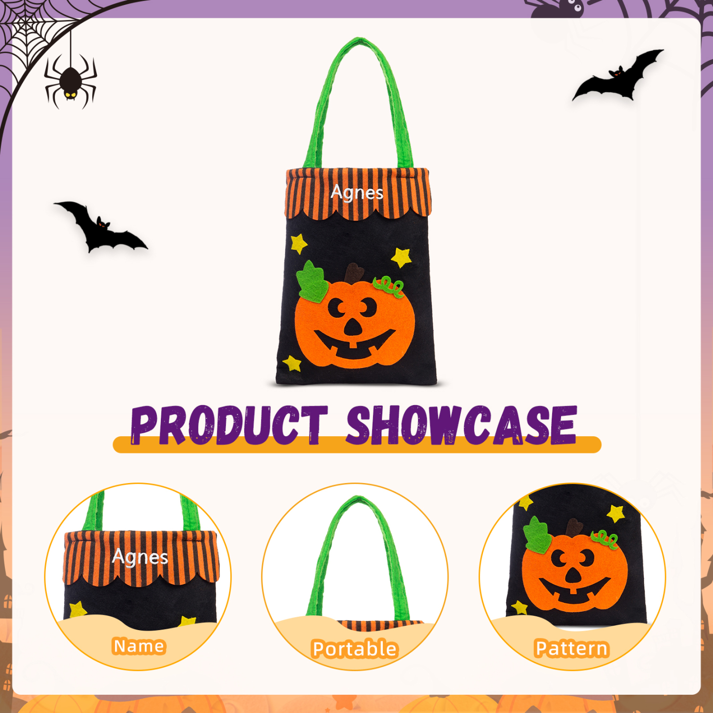 Personalised Halloween Tote Bags Custom 1 Name Tote Bag Halloween Candy Bag for Kids-Jessemade AU