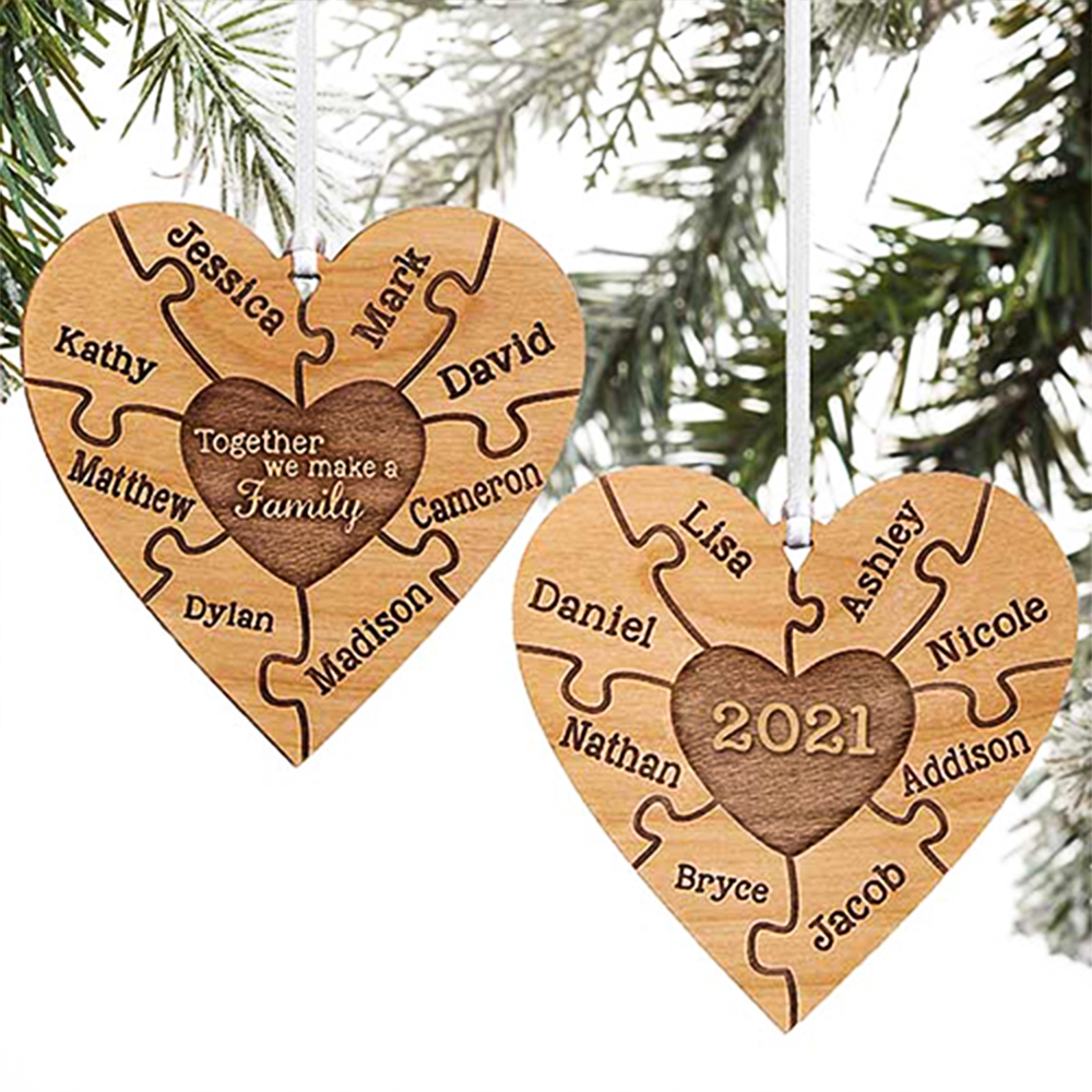 Heart Puzzle Ornament Personalised 6 Names Wooden Family Ornament-Jessemade AU