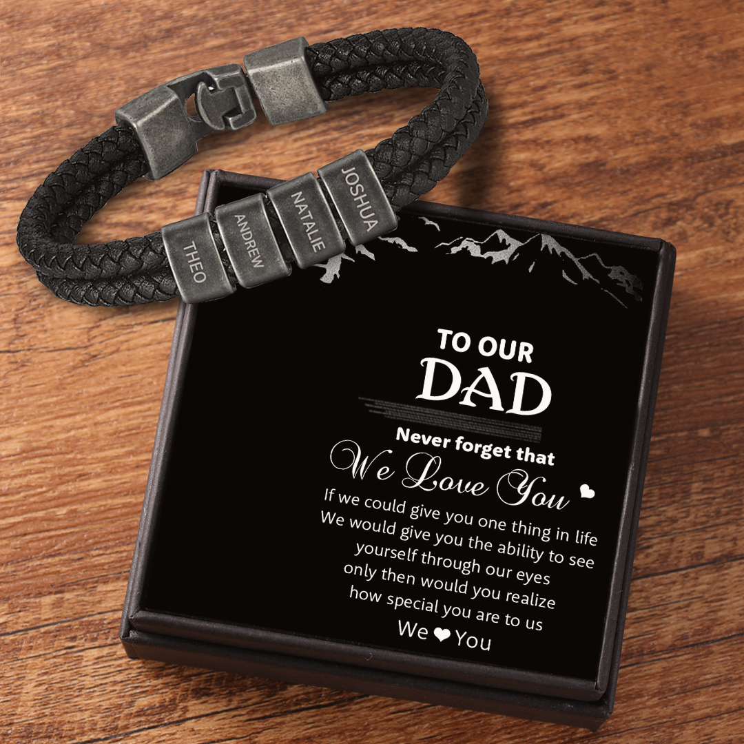 Personalised Retro Men Leather Bracelet with 4 Names Beaded Wrap Bracelet-Jessemade AU