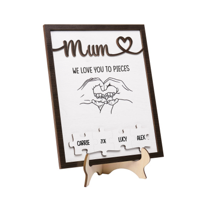 Personalised Puzzle Pieces Wooden Plaque Custom 4 Names & Text & Salutation Holding Hands Family Wooden Sign With Stand Gifts for Mum-Jessemade AU