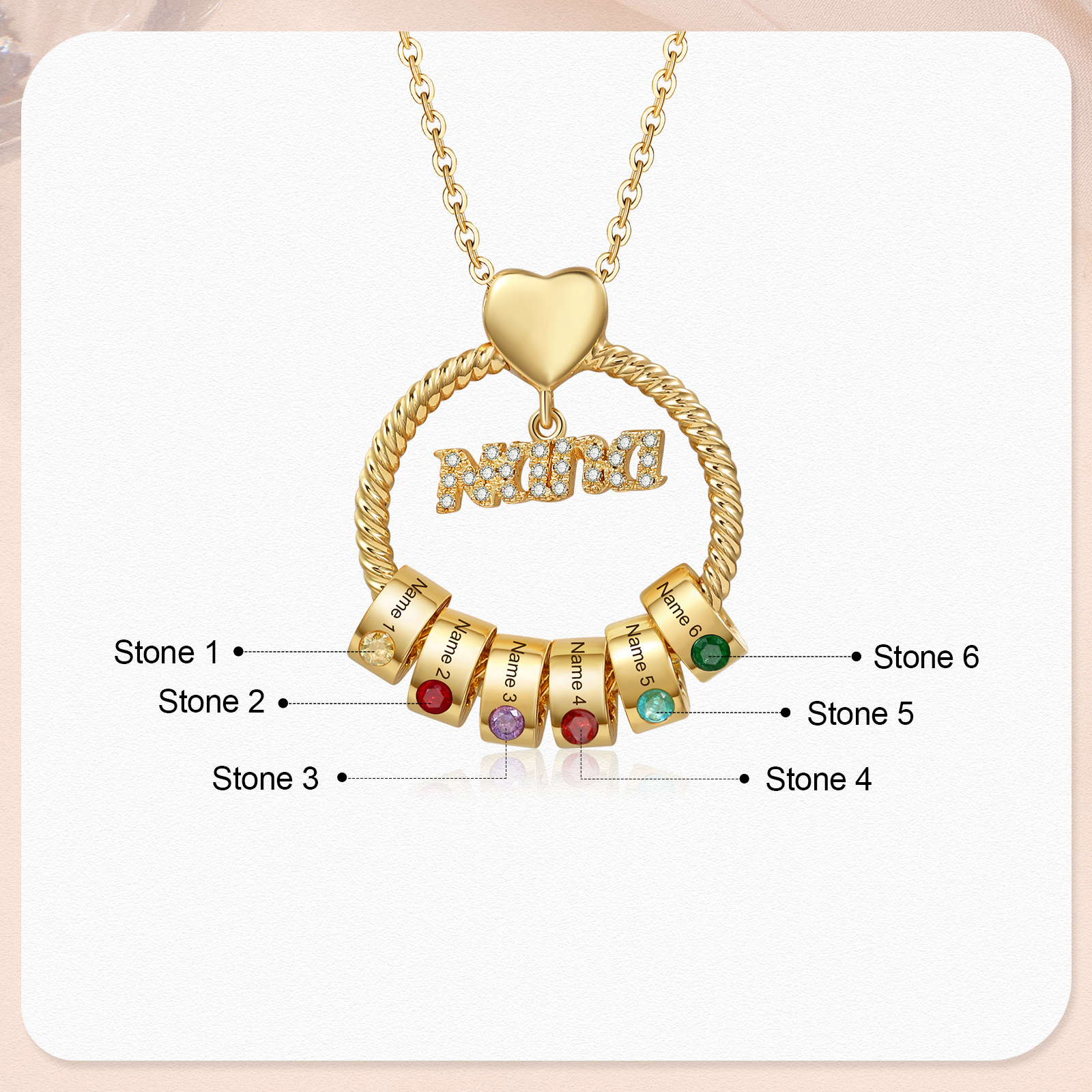 6 Names - Personalised Nana Necklace Custom Names & Birthstones Circle Pendant Necklace Gift for Grandma Nana-Jessemade AU