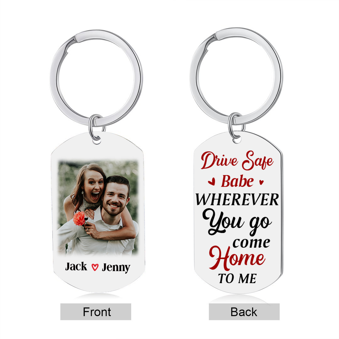 Personalised Couple Photo Keychain Customised 2 Names Keyring Valentine's Day Gifts - Drive Safe, Wherever You Go, Come Home To Me-Jessemade AU