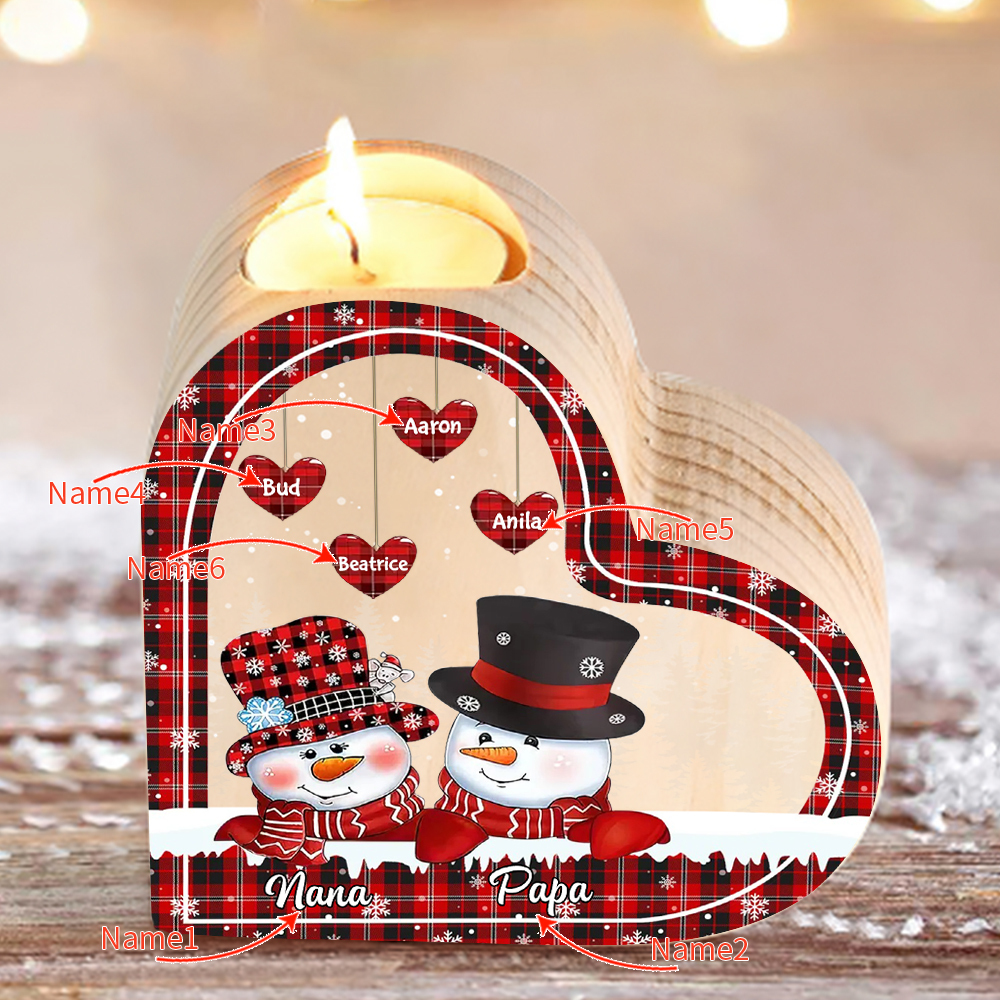 Heart-Shaped Christmas Candle Holder Engraved 6 Names Snowman Candlesticks Personalised Gift for Family-Jessemade AU