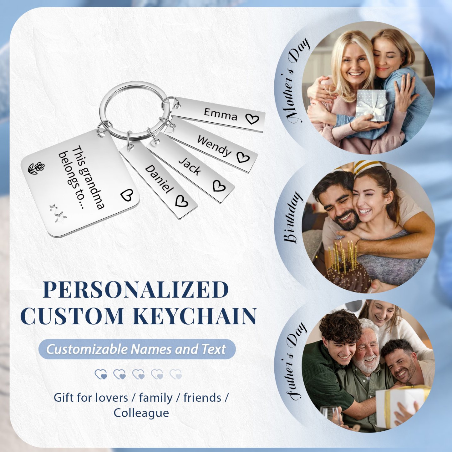 Personalised 4 Names & 1 Text Keychain Custom Family Keychain Gifts for Father/Mother/Grandma/Grandpa-Jessemade AU