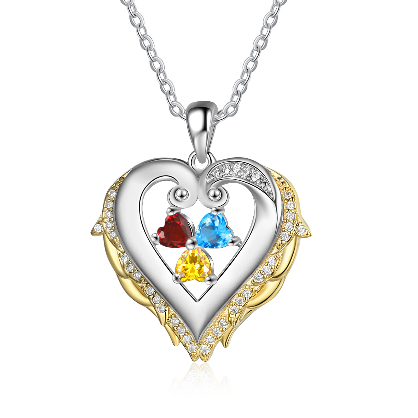 Personalised Heart Wings Necklace With 3 Birthstones Custom Names Gift For Her-Jessemade AU
