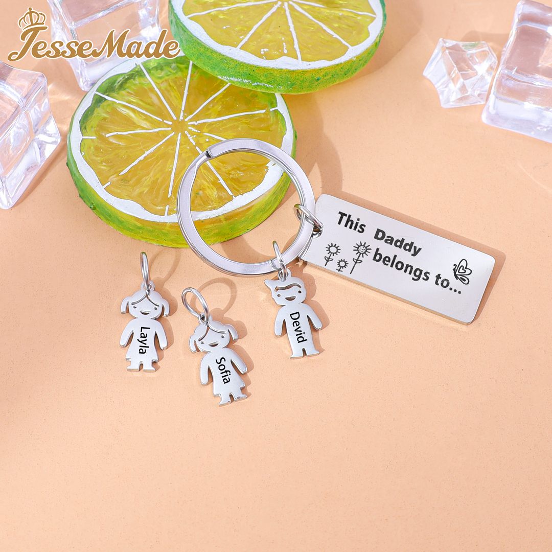 Personalised Keychain with Kid Charm Engraved 4 Names Family Keychain for Him