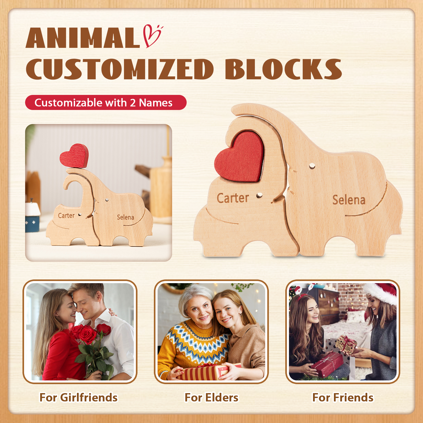 Personalised Wooden Animal Puzzle Custom 2 Names Puzzle Elephant Bear Hedgehog Hug Ornament Gifts for Family Couple-Jessemade AU