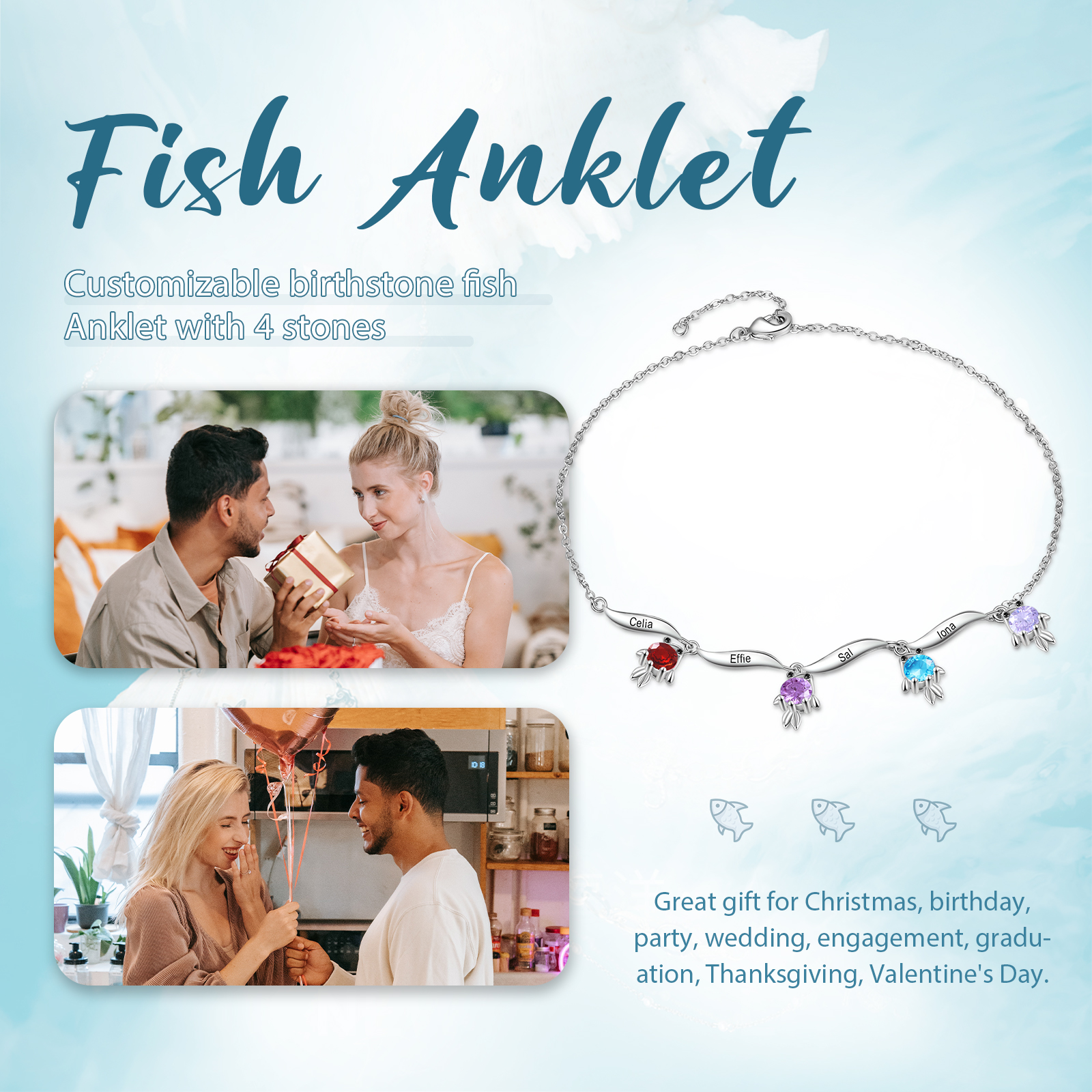 4 Names -Personalised Women's Anklet Customised Birthstones & Names Anklet Fish Anklet Birthday Gift for Her-Jessemade AU