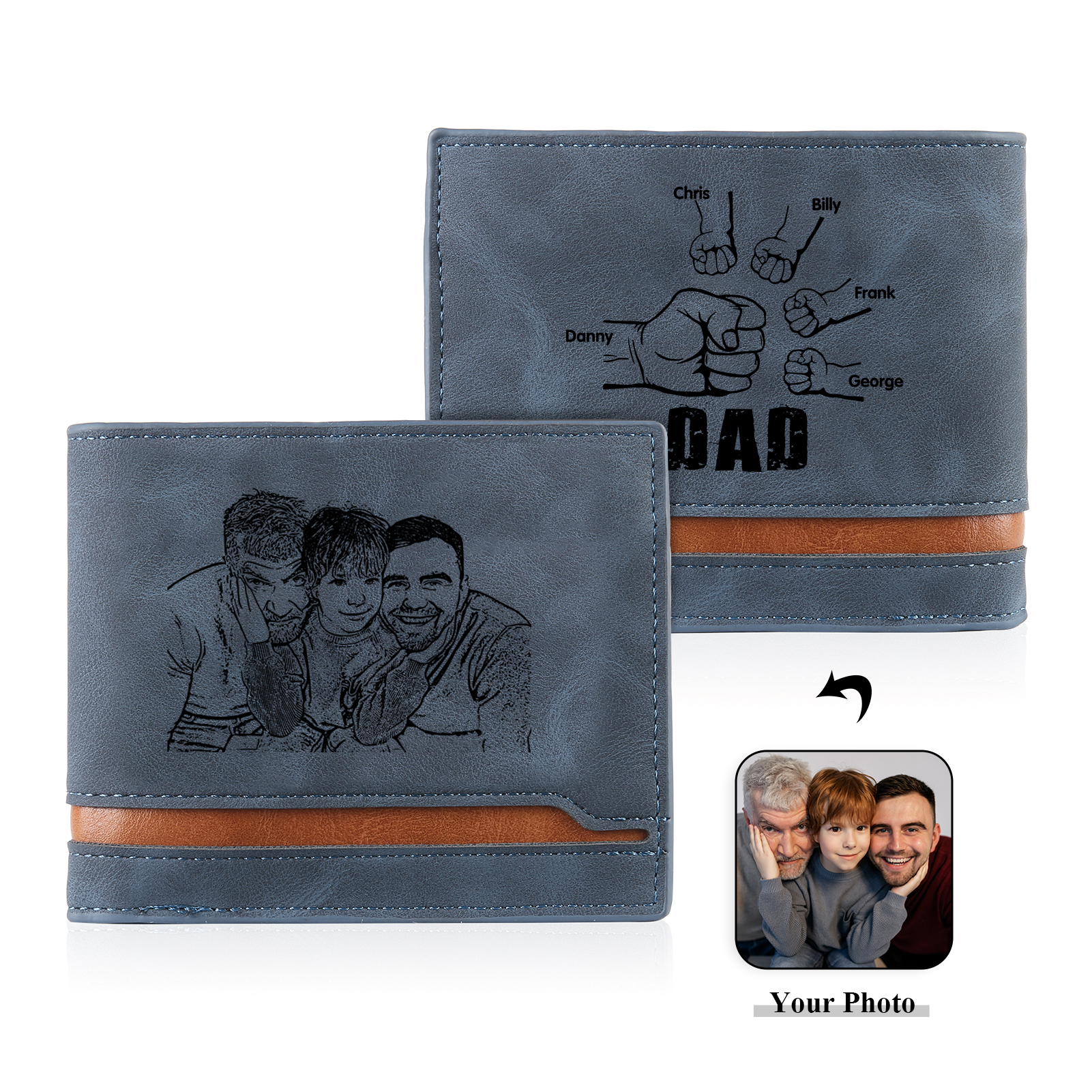 5 Names - Personalised Men Leather Wallet Custom Photo & Name & Text Folding Wallet Fist Bump Wallet Gift for Dad-Jessemade AU
