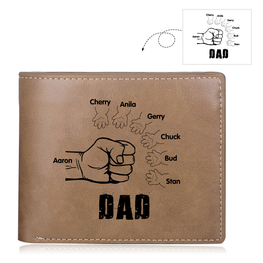 7 Names - Personalised Men Leather Wallet Engraved Names Brown Wallet Fist Bump Folding Wallet Gift For Dad-Jessemade AU