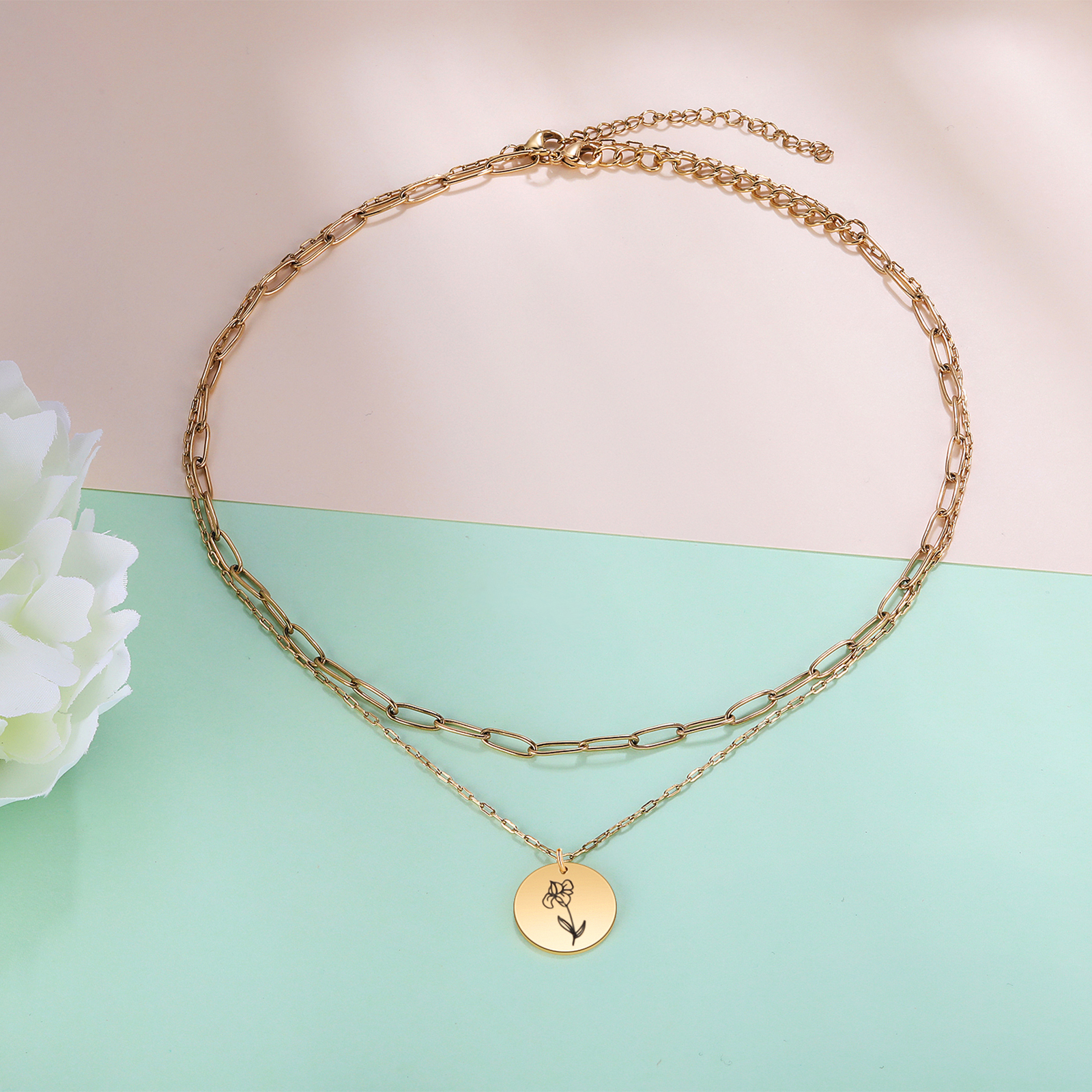 Personalised Double Necklace With 2 Birthflowers Engraved Name Gift For Her-Jessemade AU