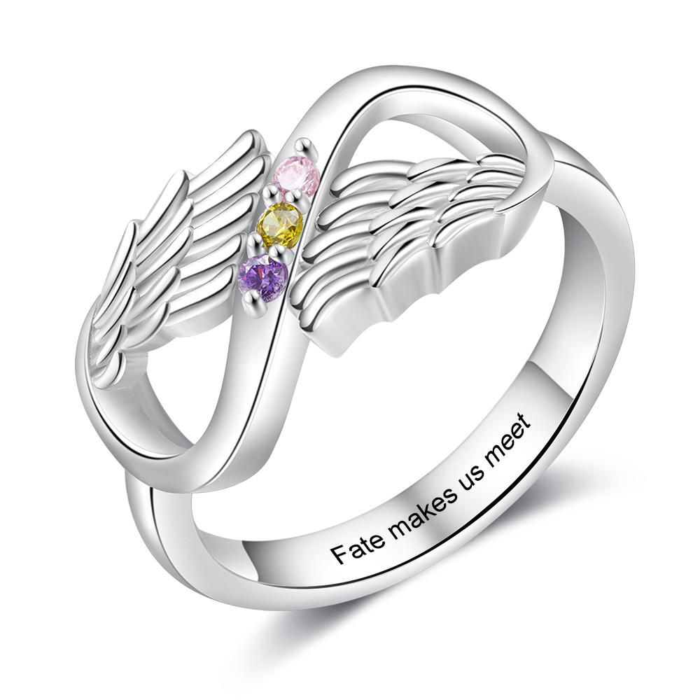 Personalised 3 Birthstones Ring Engraved Names Angel Wings Ring Gifts for Her-Jessemade AU