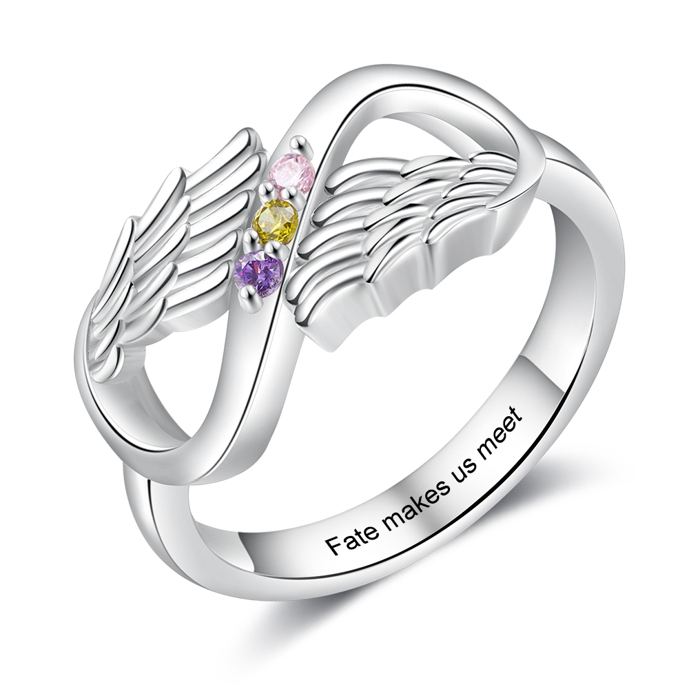 Personalised 3 Birthstones Ring Engraved Names Angel Wings Ring Gifts for Her-Jessemade AU