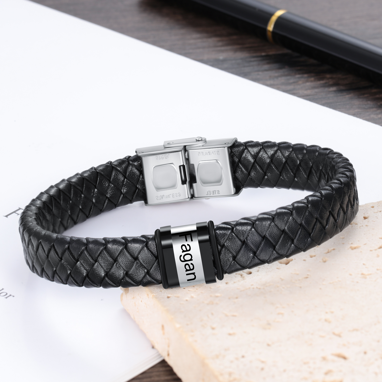 Men Leather Braided Bracelet Personalised with 1 Name Black-Jessemade AU