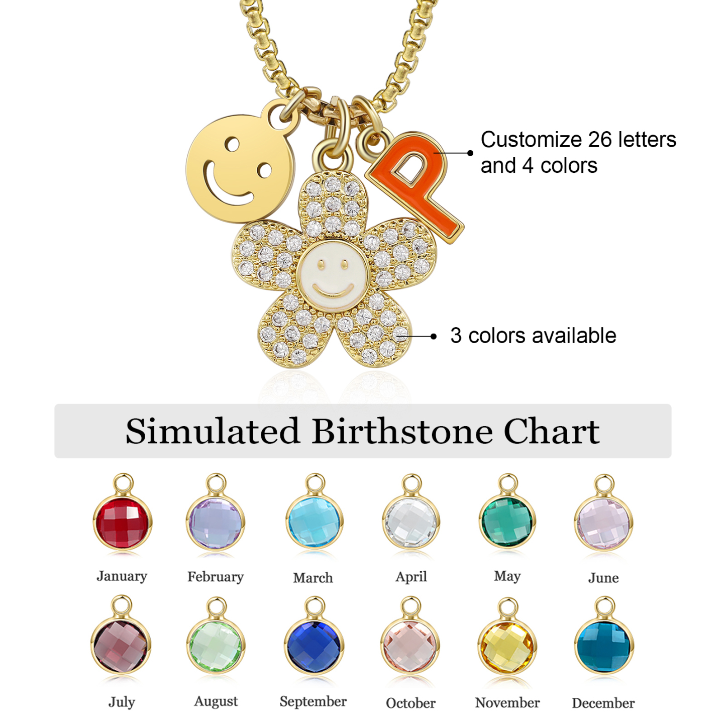 Back To School Personalised Smile and Flower Necklace Custom Birthstone and Initial Necklace-Jessemade AU