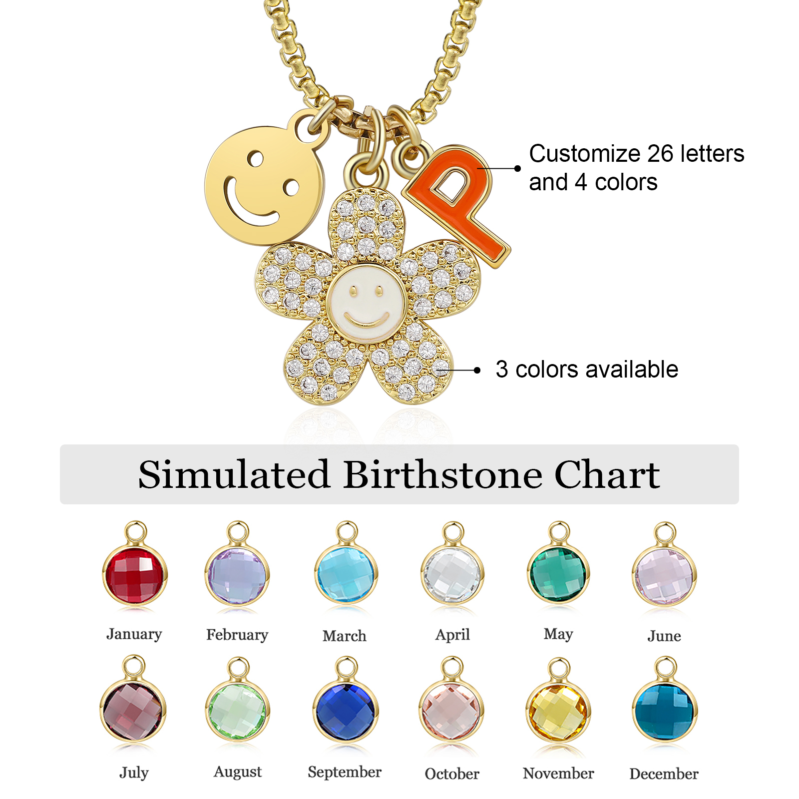 Back To School Personalised Smile and Flower Necklace Custom Birthstone and Initial Necklace-Jessemade AU