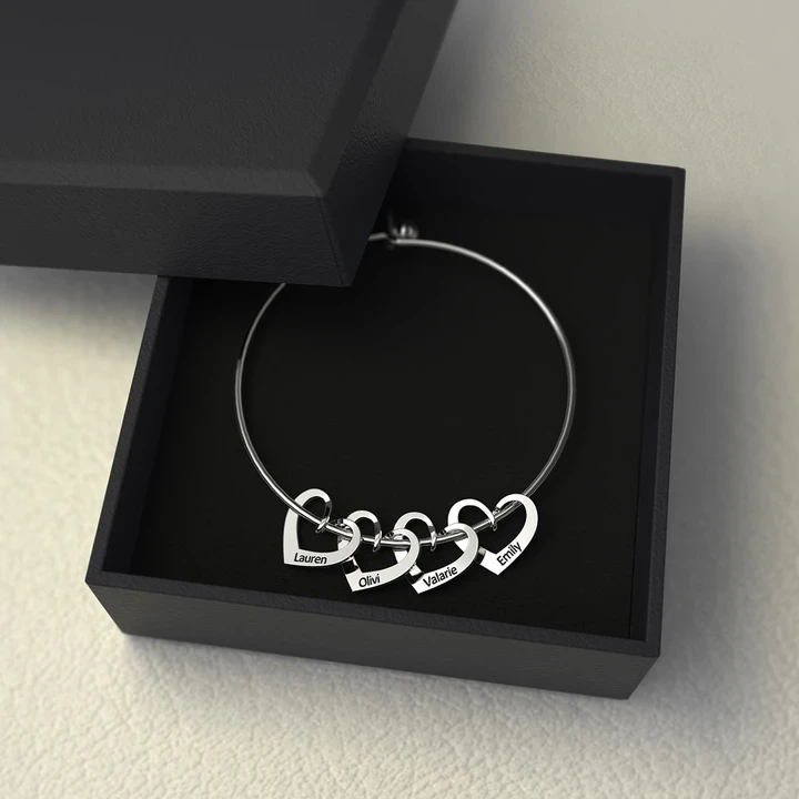 To My Mother Personalised Love Bracelet with 4 Heart Charms Engraved 4 Names Bangle Bracelet-Jessemade AU