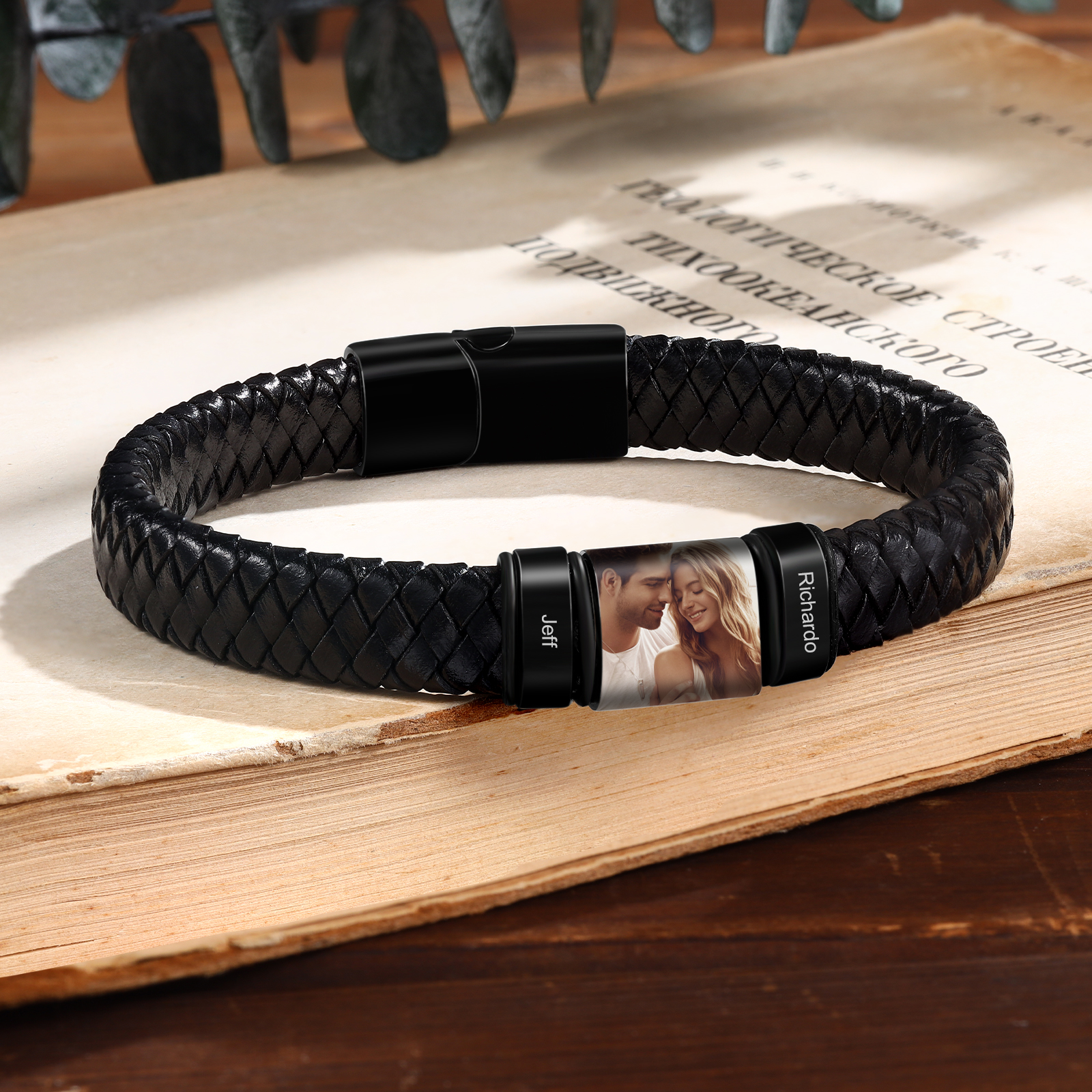 2 Names - Personalised Men's Leather Bracelet Custom Photo Braided Bracelet Gift for Him-Jessemade AU
