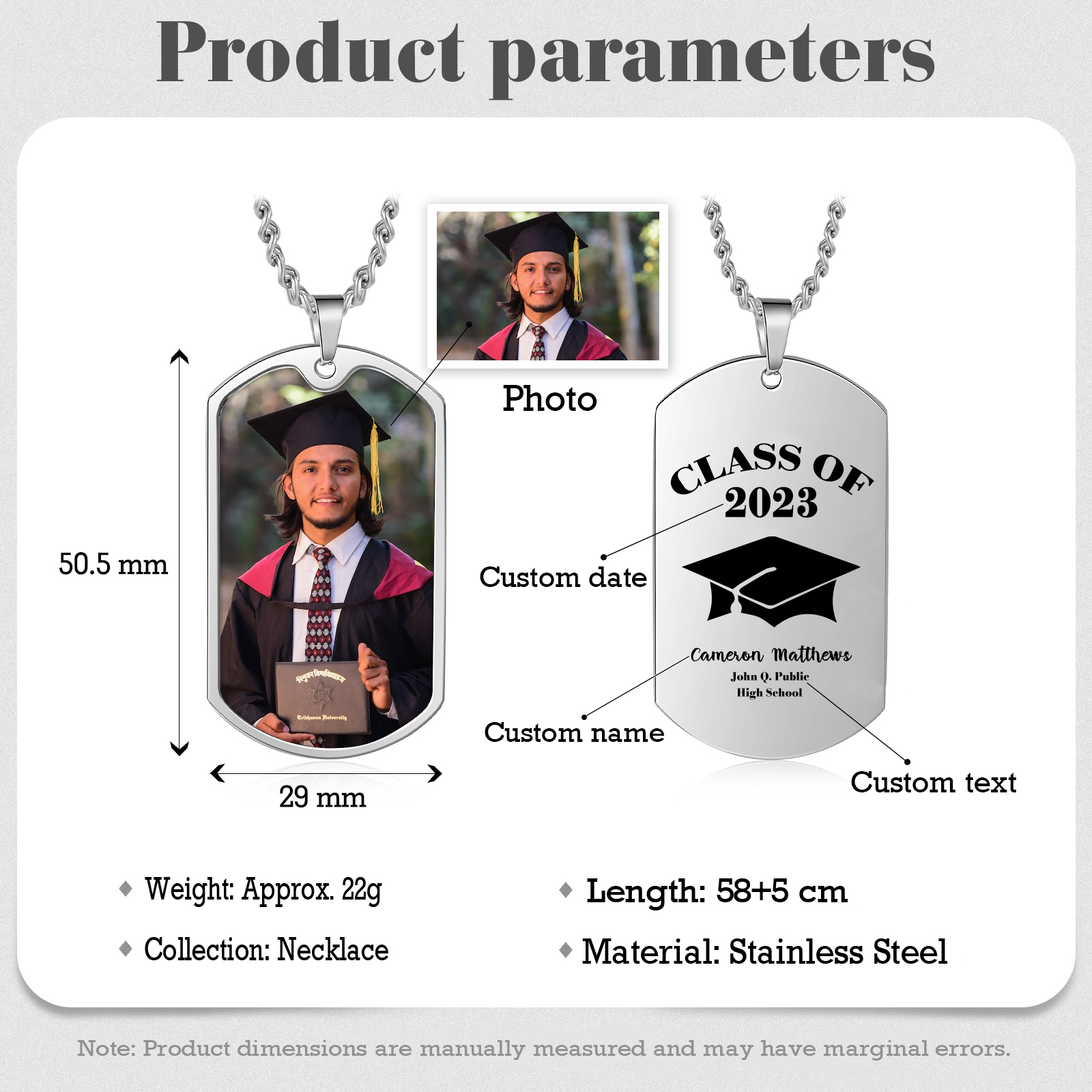 Graduation Gifts Personalised Photo Necklace Custom Class of 2024 Dog Tag Necklace-Jessemade AU