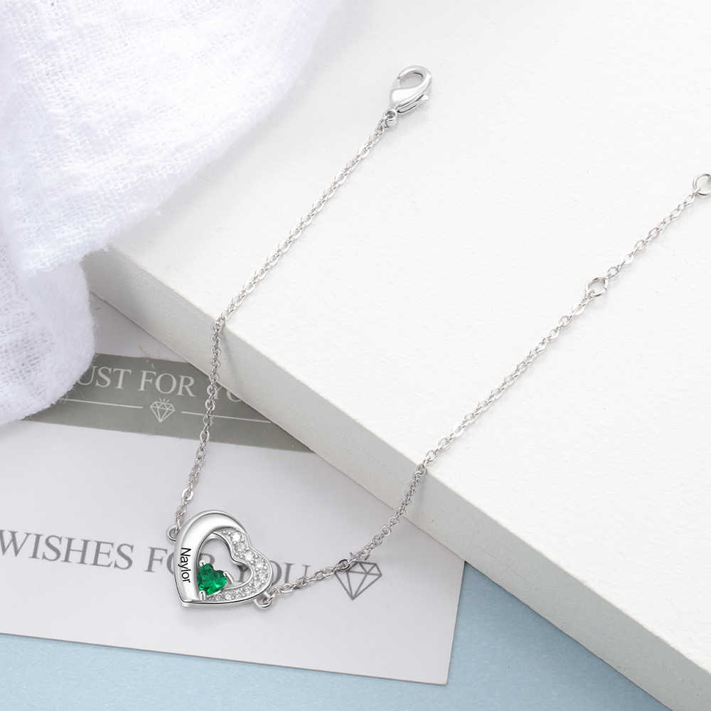 Personalised Heart Bracelet With 1 Birthstone Engraved Names Bracelet Gift For Women-Jessemade AU