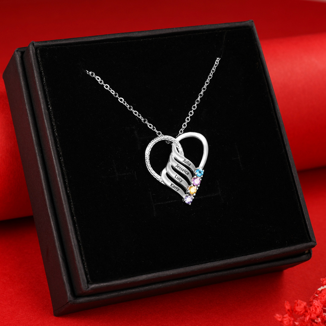 Personalised Heart Necklace With 4 birthstones Engraved Names Gift For Mother-Jessemade AU
