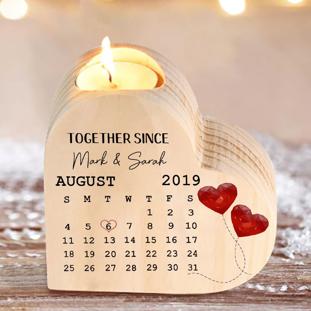 Personalised Couple Candle Holder Custom 2 Names & Date & Text Wooden Candlesticks Calendar Valentine's Day Gifts -Jessemade AU