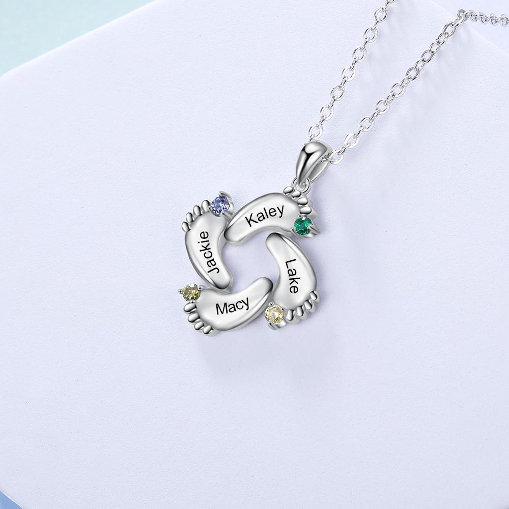 Baby Feet Necklace Custom 4 Birthstones Family Gifts Set for Mum