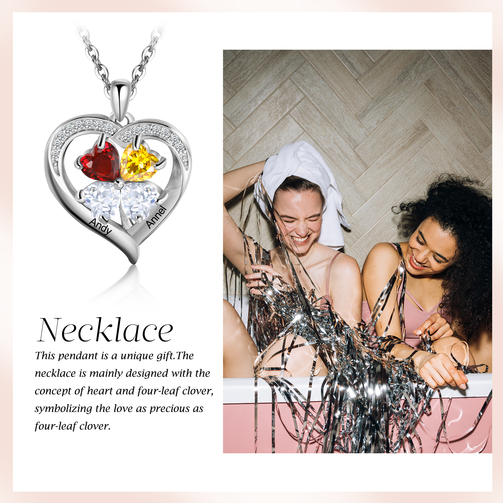 Personalised Heart Necklace with 2 Birthstones Engrave Names Family Necklace for Mom-Jessemade AU