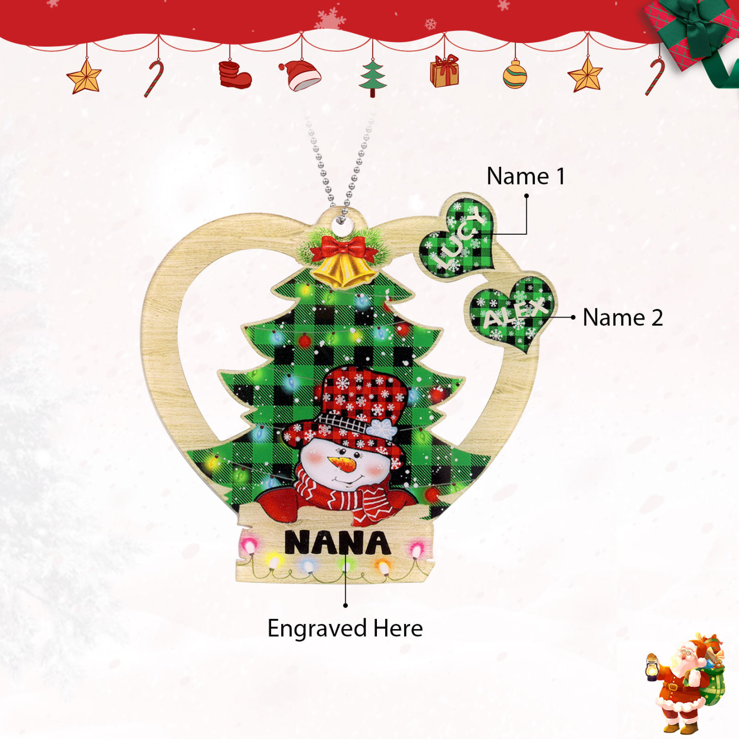 2 Names - Personalised Heart Christmas Tree Ornament Customised Name & Text Acrylic Snowman Hanging Ornaments Gift for Family-Jessemade AU