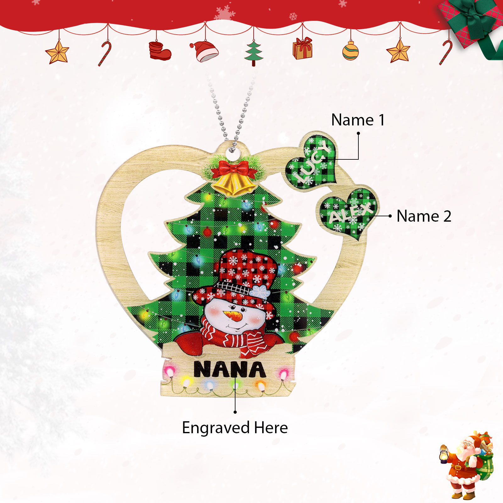 2 Names - Personalised Heart Christmas Tree Ornament Customised Name & Text Acrylic Snowman Hanging Ornaments Gift for Family-Jessemade AU