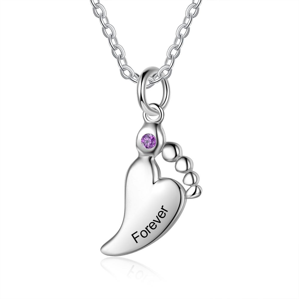 Personalised Baby Foot Necklace With 1 Birthstone Engraved Names Gift For Women