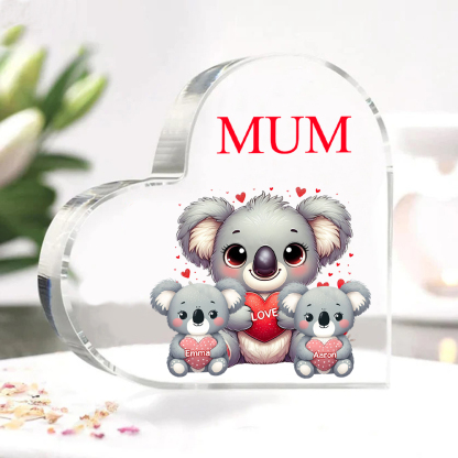 Personalised Acrylic Heart Keepsake Custom 1 Text & 2 Names Ornament Koala Family Gifts for Mother/Grandma-Jessemade AU