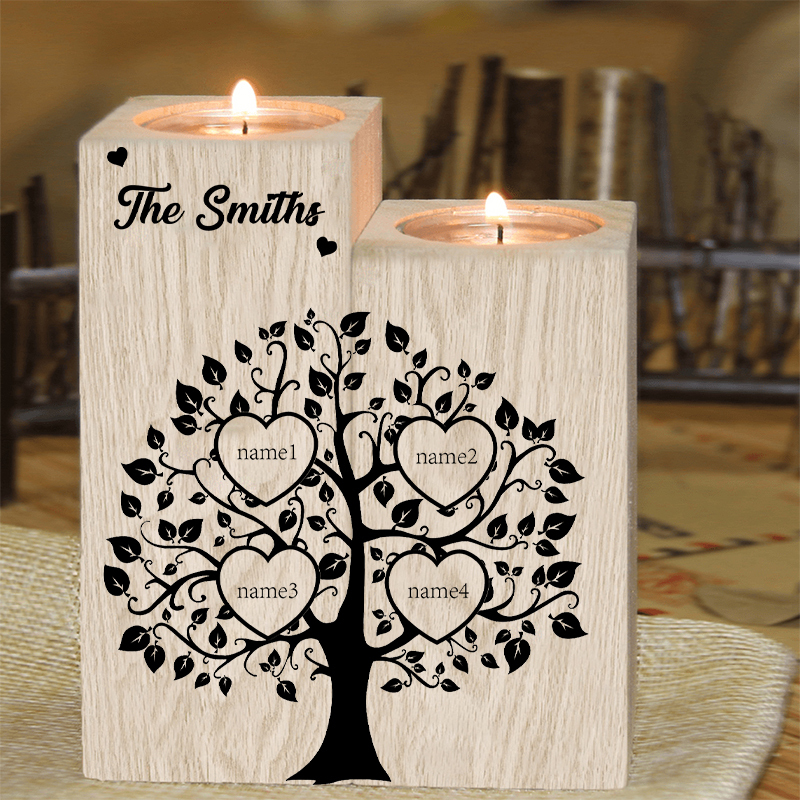 Family Name Wooden Heart Candle Holder Custom 4 Names Family Tree Candlesticks-Jessemade AU
