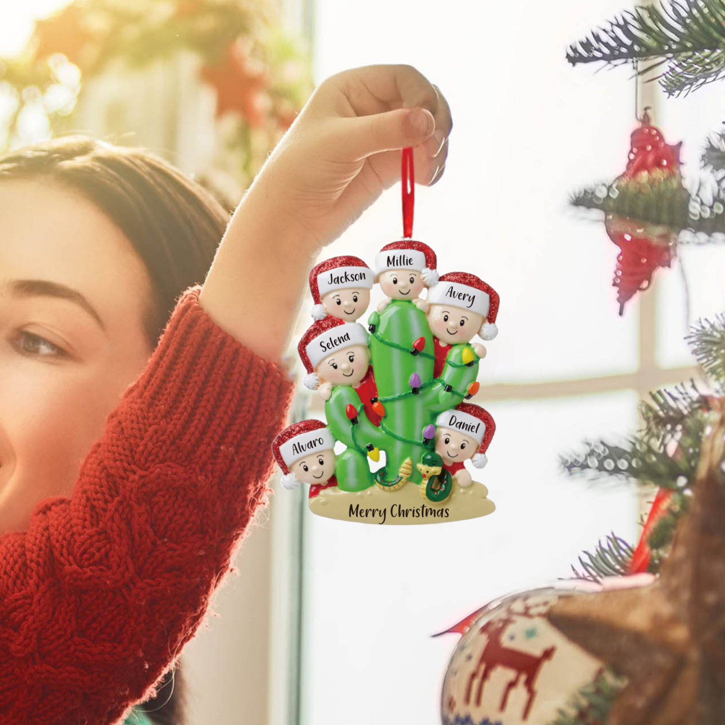 6 Names - Personalised Cactus Ornament Customised Name & Text Christmas Tree Wooden Decor Gift for Family and Friends-Jessemade AU