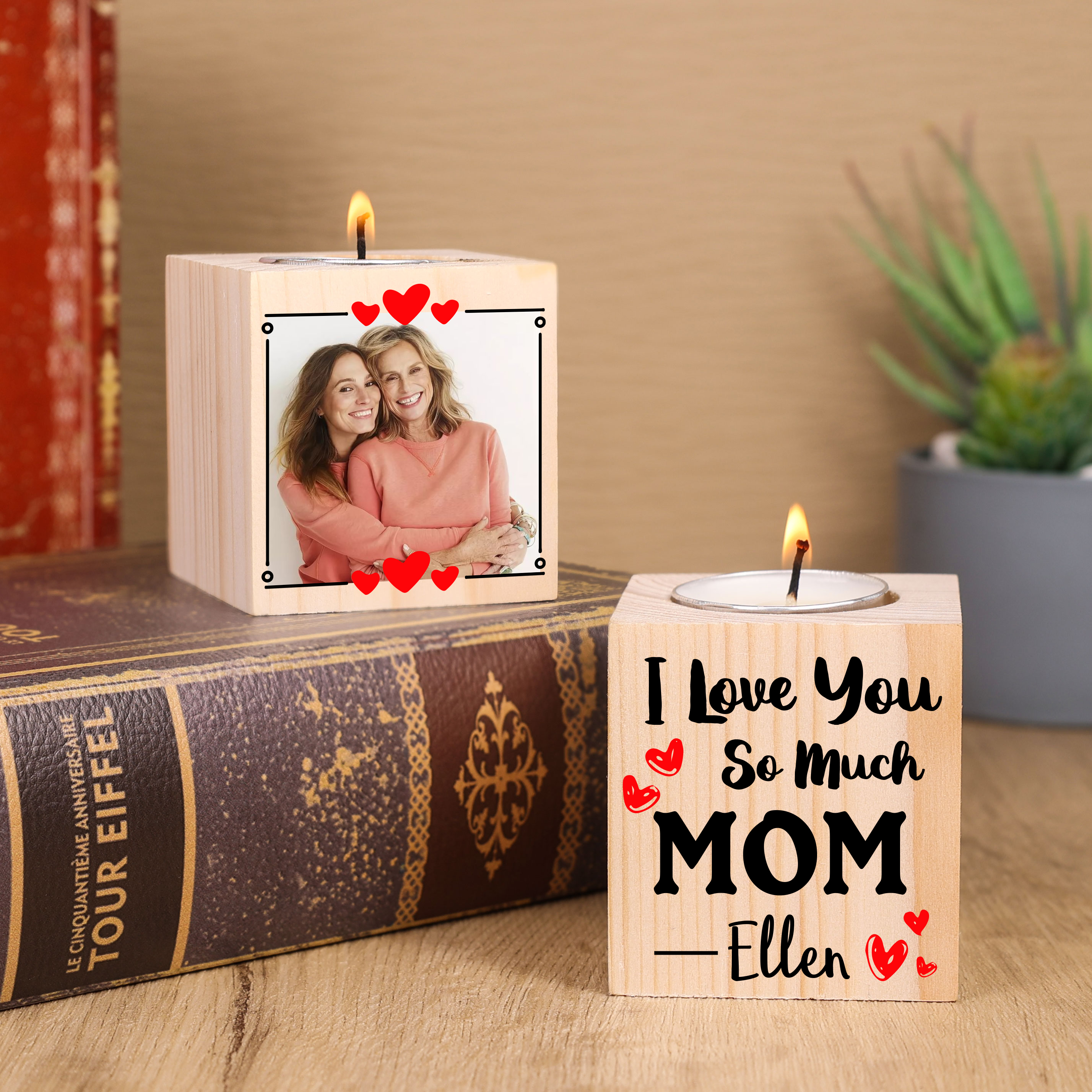 Personalised Photo Block Candle Holder I Love You So Much Wooden Candlesticks for Mother-Jessemade AU