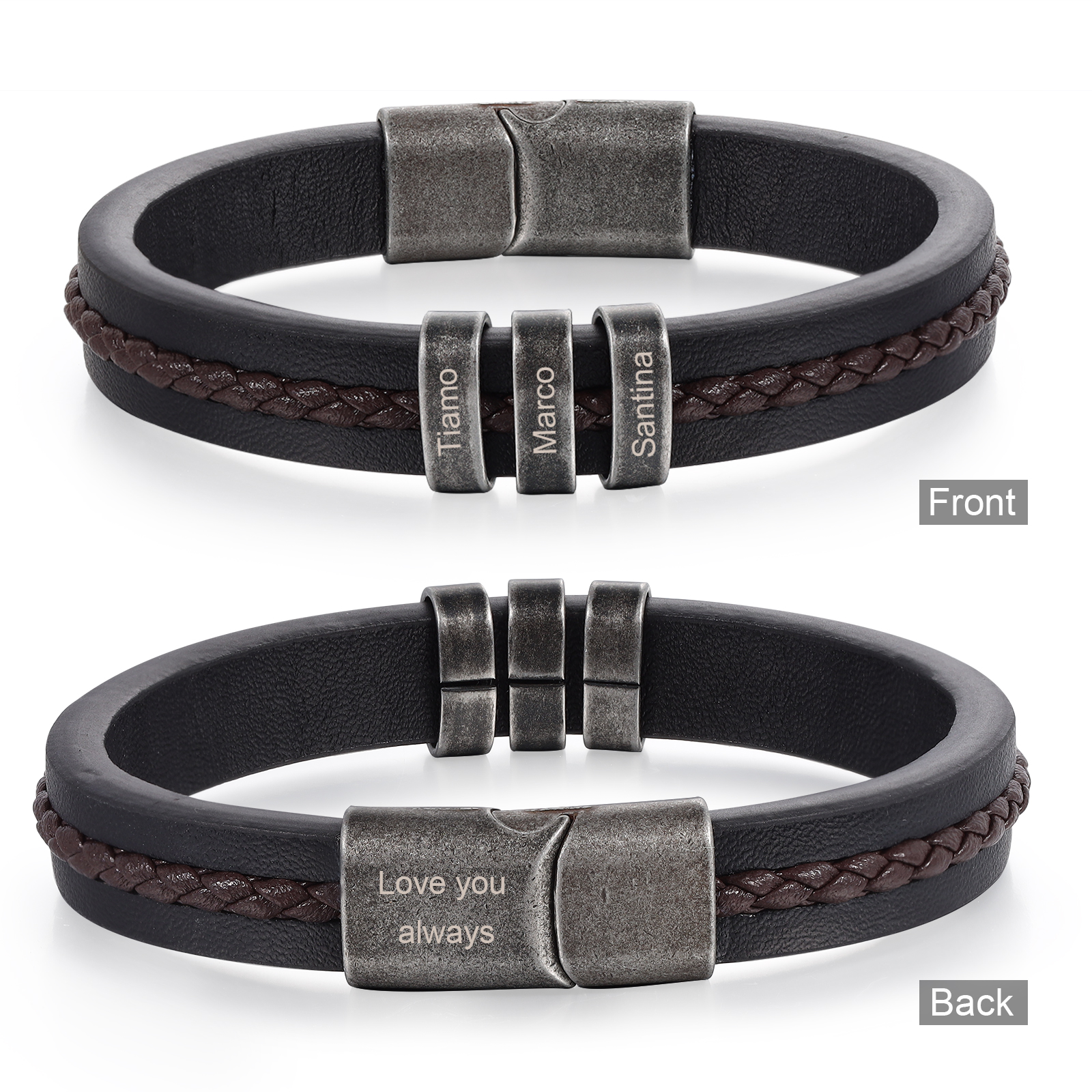 3 Names - Personalised Men's Leather Bracelet Custom Text Beaded Bracelets Vintage Gift for Him