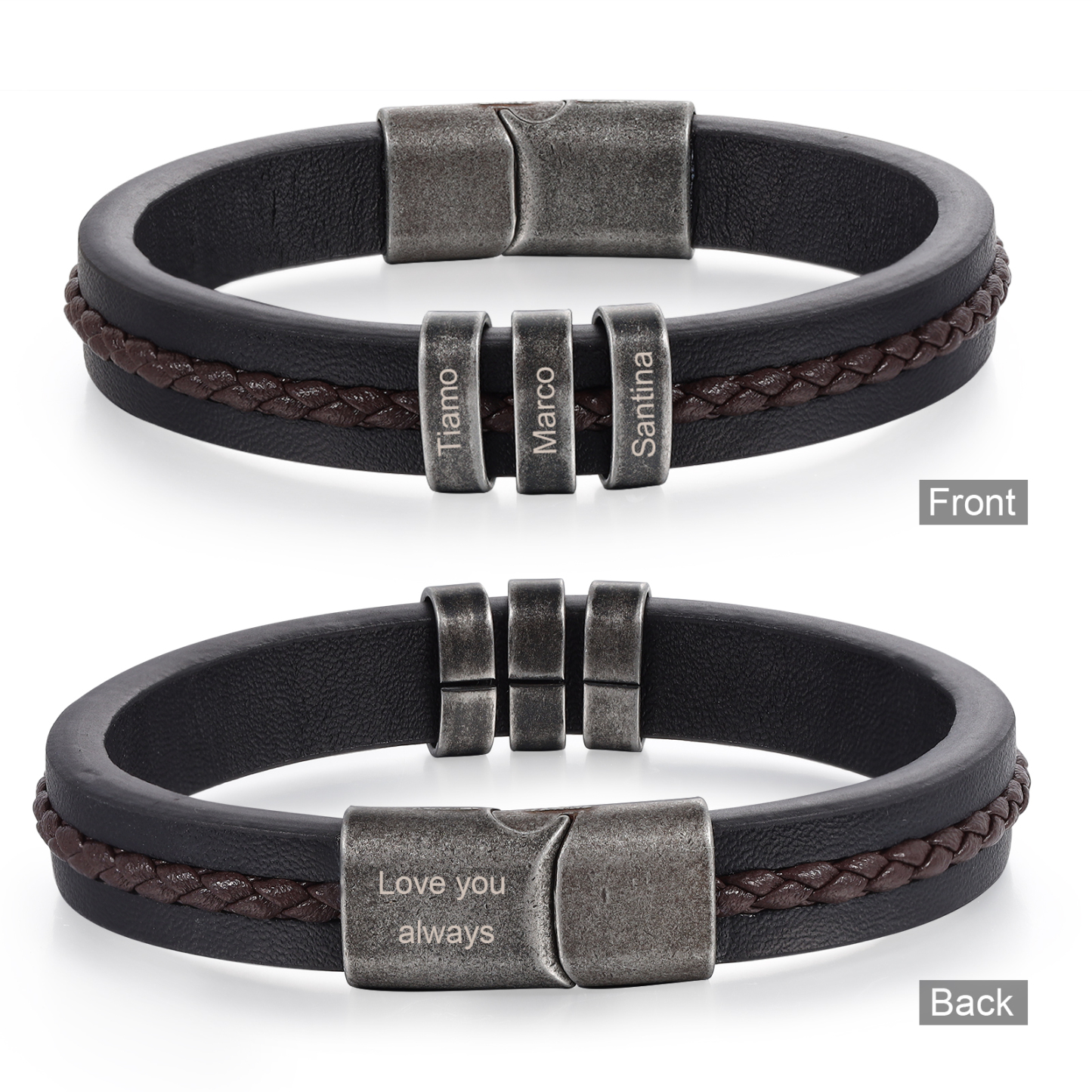 3 Names - Personalised Men's Leather Bracelet Custom Text Beaded Bracelets Vintage Gift for Him