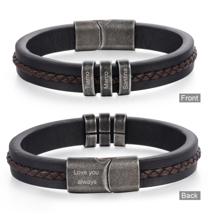 3 Names - Personalised Men's Leather Bracelet Custom Text Beaded Bracelets Vintage Gift for Him