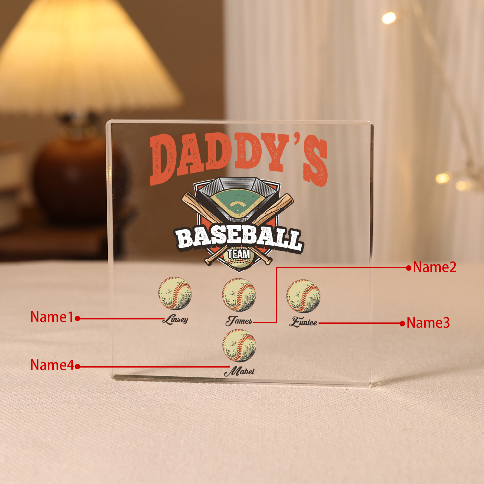 Personalised 4 Names Acrylic Square Keepsake Baseball Family Rectangle Plaque Father's Day Gifts - Daddy's Baseball Team-Jessemade AU