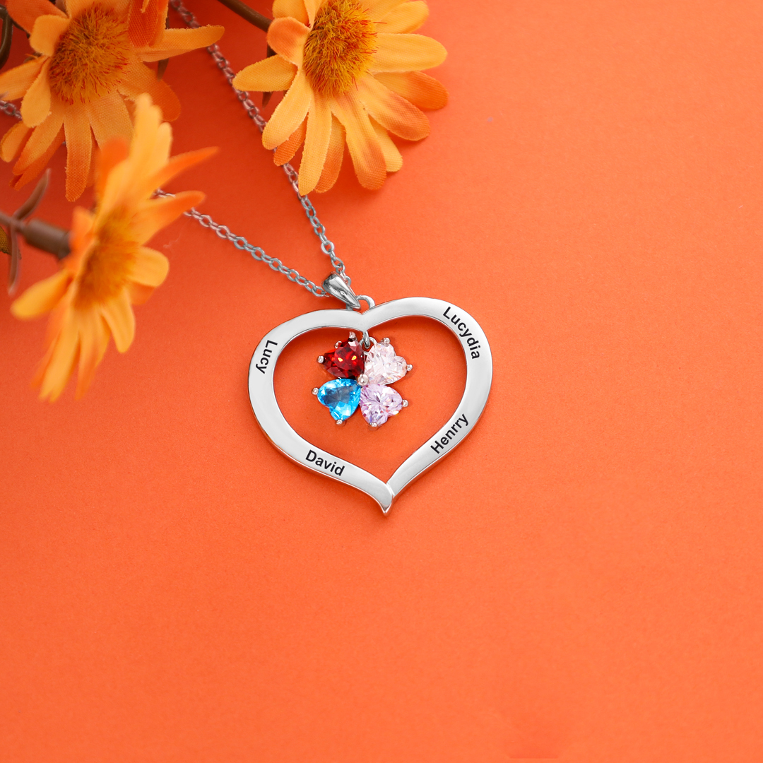 Personalised Heart Pendant Necklace with 3 Birthstones Engraved Names Family Necklace Gifts for Her-Jessemade AU