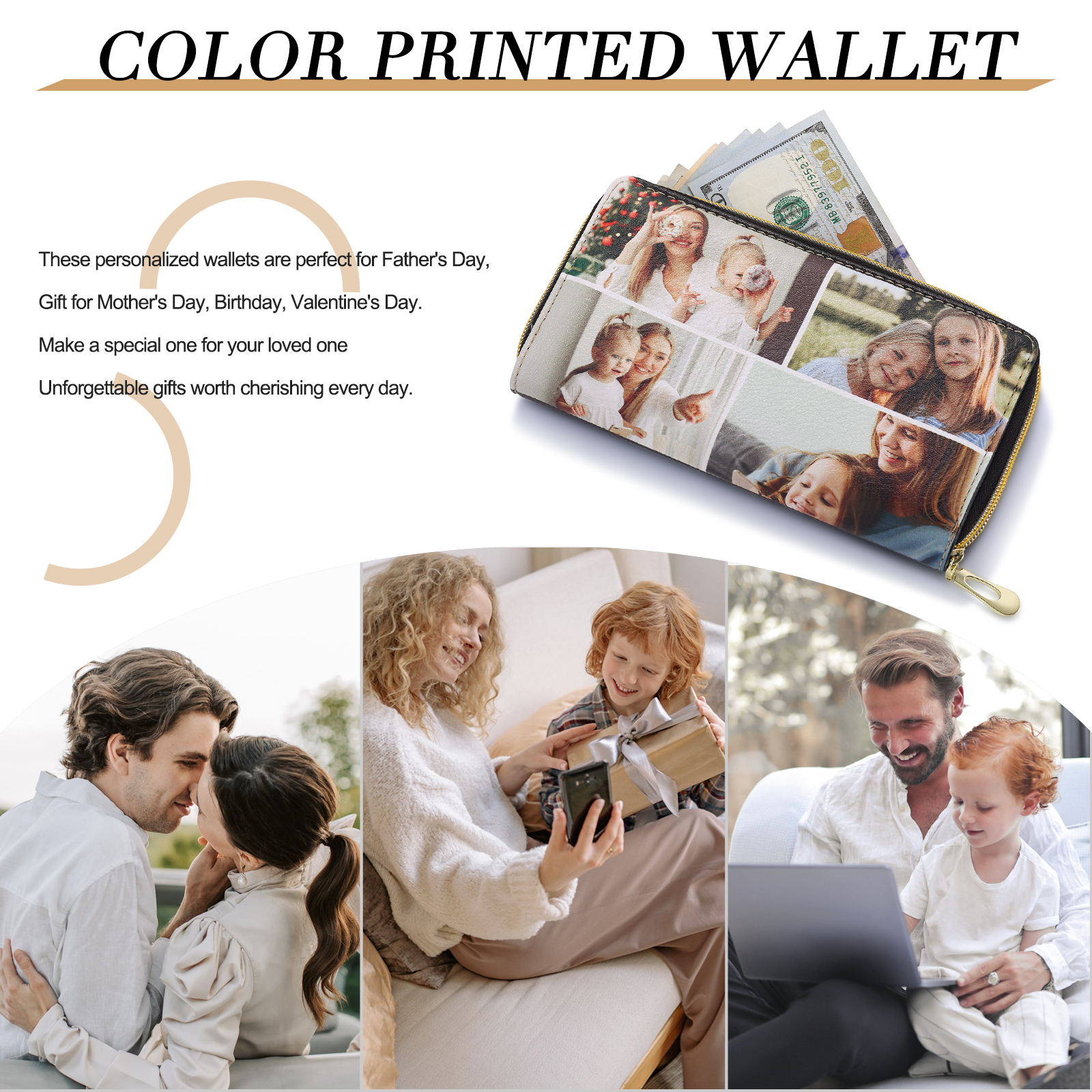 Long Purse Personalised Flower Leather Wallet Engraved 4 Photos Zip Wallet Gifts for Her-Jessemade AU