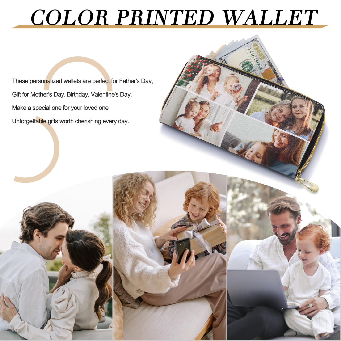 Long Purse Personalised Flower Leather Wallet Engraved 4 Photos Zip Wallet Gifts for Her-Jessemade AU