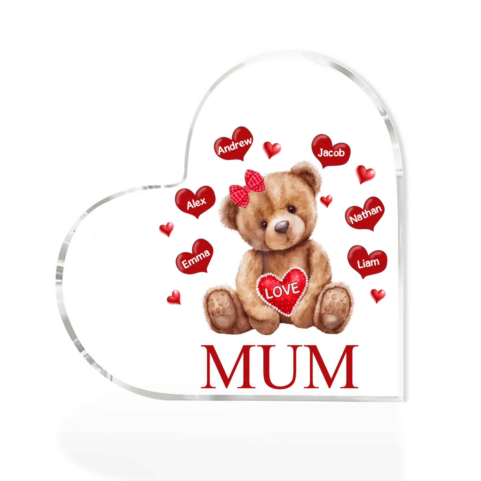 6 Names - Personalised Acrylic Heart Keepsake Custom 2 Texts Teddy Bear Ornaments Gifts for Grandma/Mother-Jessemade AU