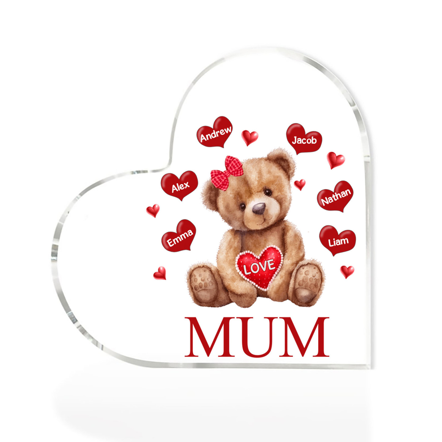 6 Names - Personalised Acrylic Heart Keepsake Custom 2 Texts Teddy Bear Ornaments Gifts for Grandma/Mother-Jessemade AU