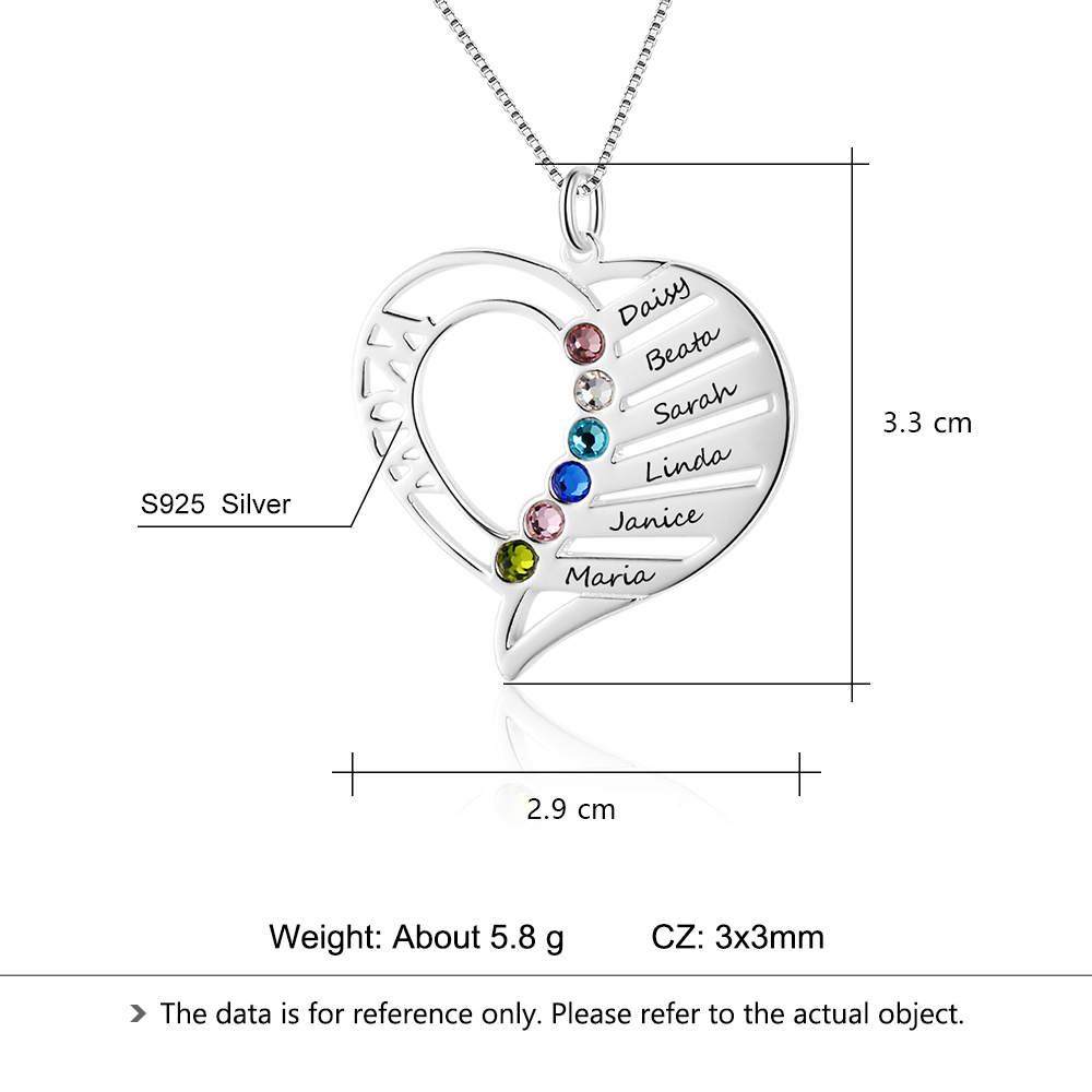 Personalised Heart Necklace With 6 Birthstones Engraved Names Gift For Her-Jessemade AU