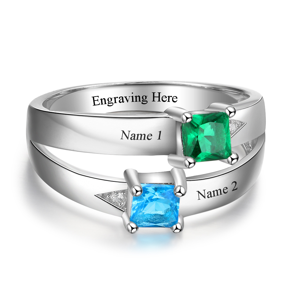 Personalised Ring With 2 Birthstones Engraved Names Ring Gift For Women-Jessemade AU
