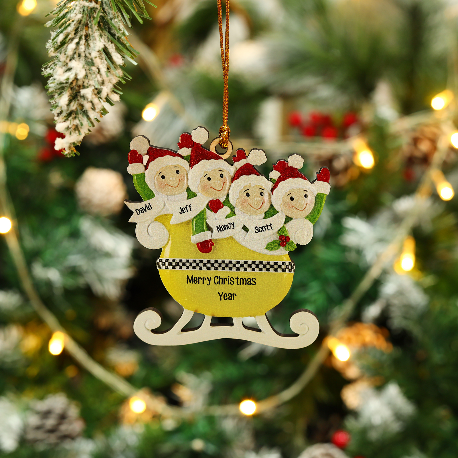 4 Names - Personalised Yellow Sleigh Family Christmas Ornament Customised Name & Text Wooden Hanging Ornaments Christmas Gift for Family-Jessemade AU