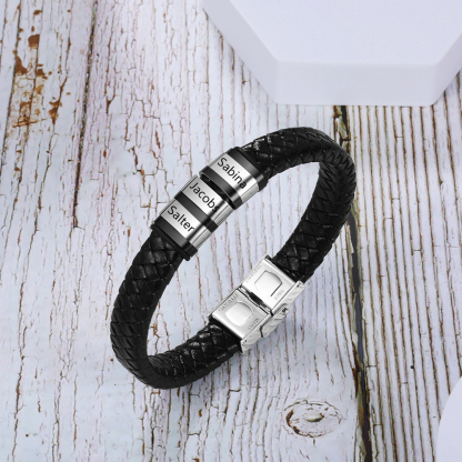 Men Leather Braided Bracelet Personalised with 3 Names Black-Jessemade AU